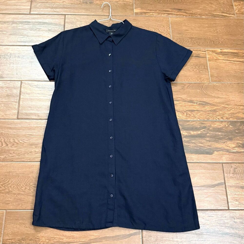 Tahari Women's L Linen Blend Shift Dress Button Front Navy Blue Short Sleeve